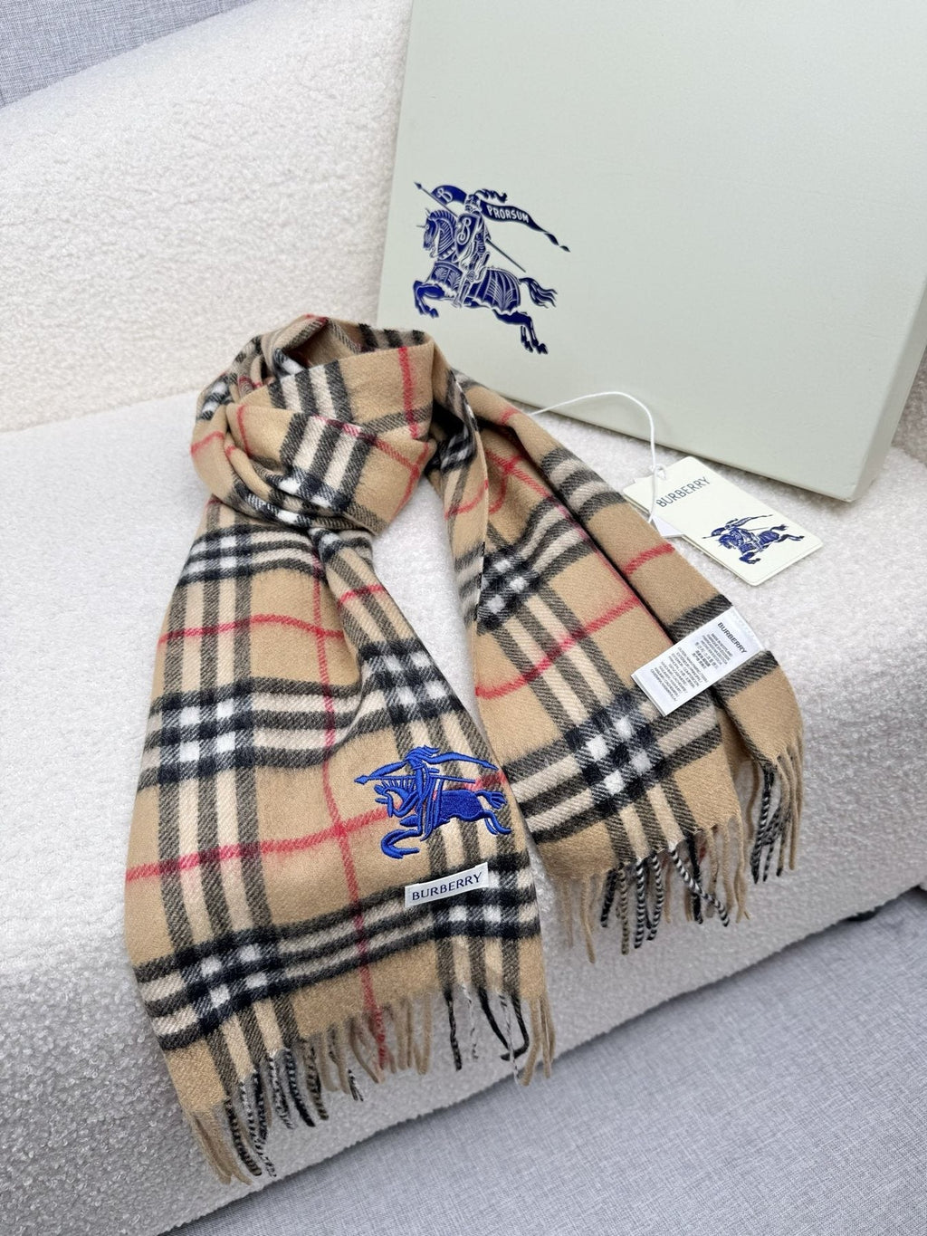 Burberry Beige Plaid Cashmere-Wool Scarf