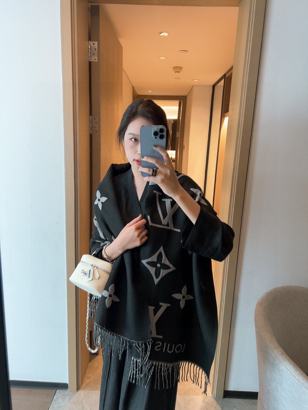 Louis Vuitton Black & Gray Floral Fringe Scarf Shawl