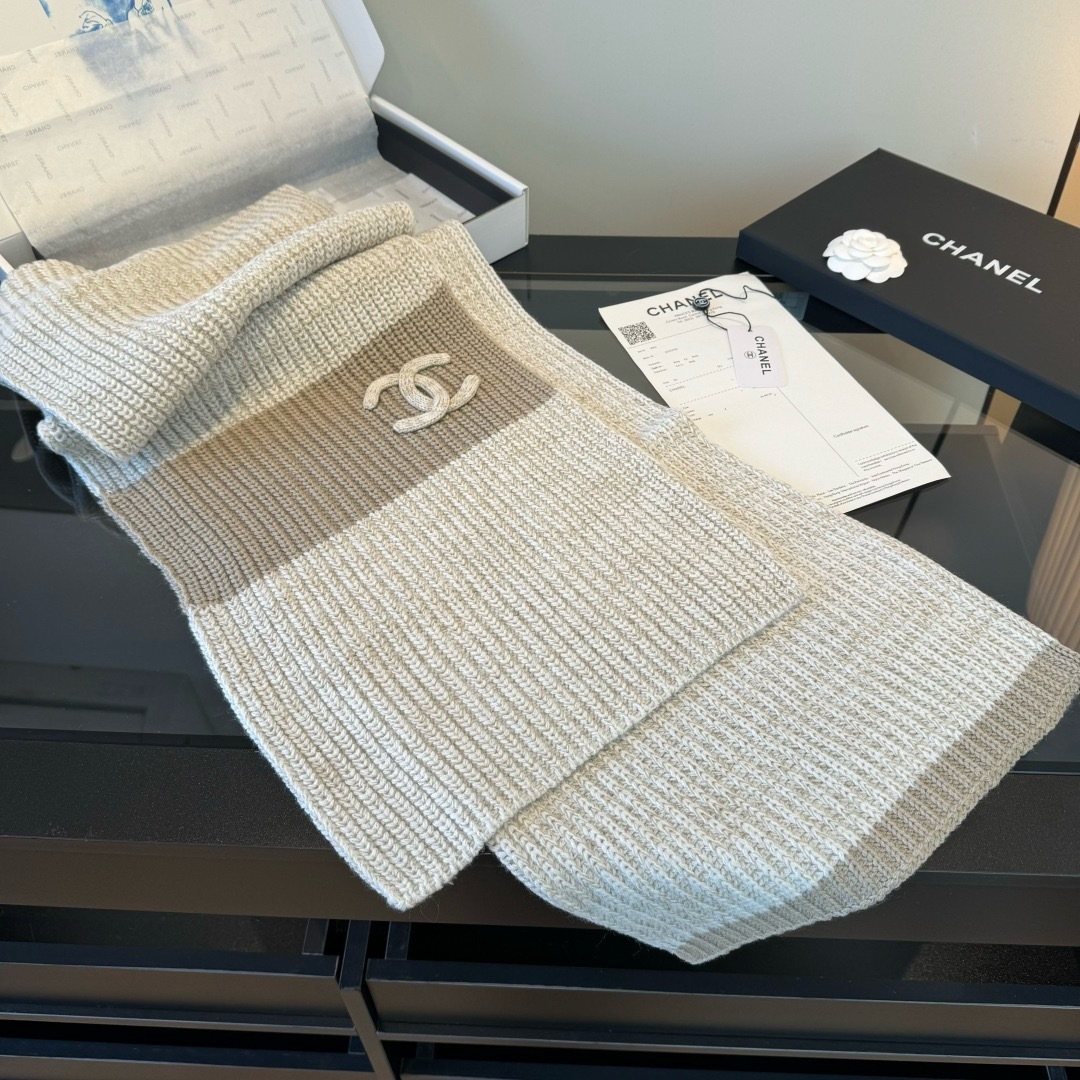 Chanel Rib-Knit Logo Scarf