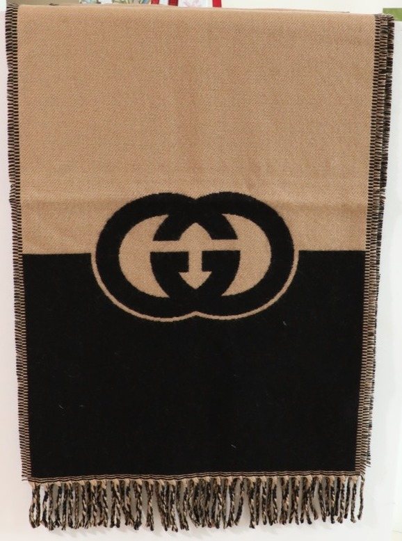 Gucci Black & Camel Beige Fringed Scarf