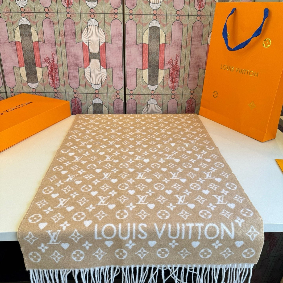 Louis Vuitton Taupe Monogram Fringe Scarf