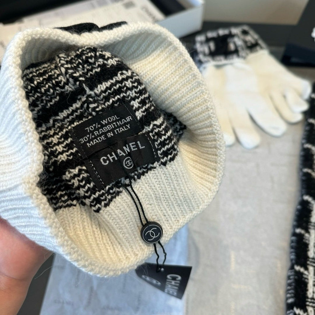 Chanel Black and Ivory Scarf, Beanie and Gloves Set