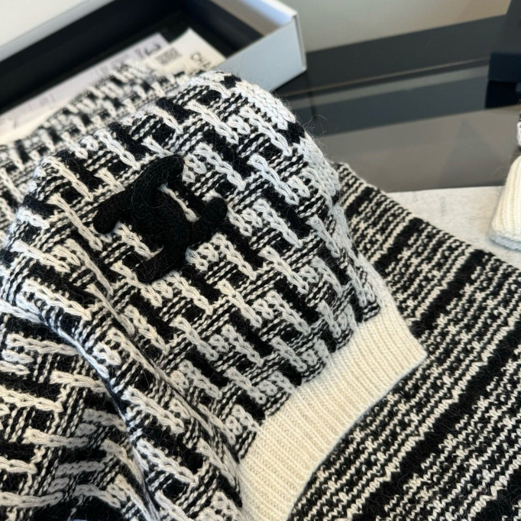 Chanel Black and Ivory Scarf, Beanie and Gloves Set