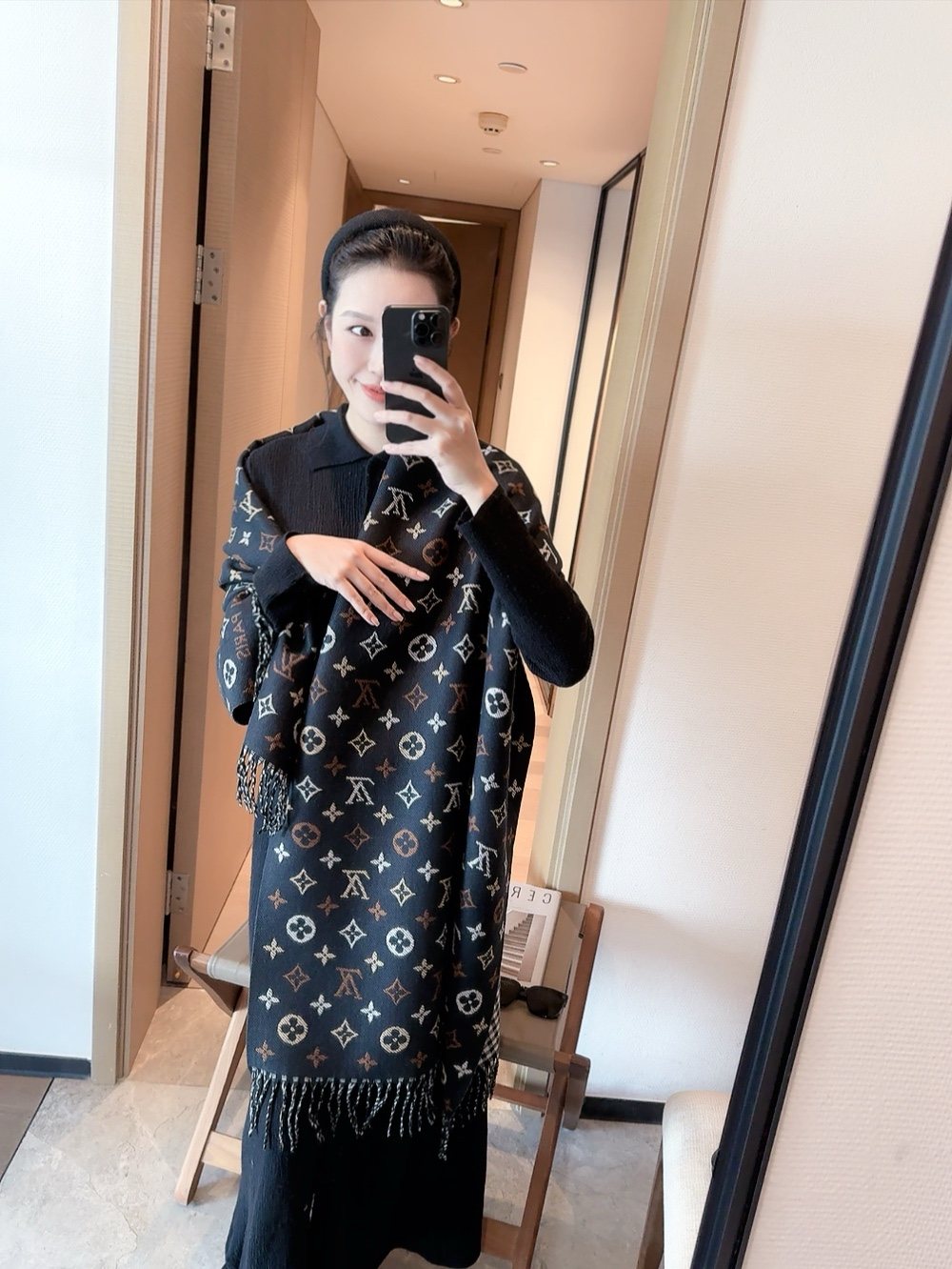 Louis Vuitton Reversible Monogram and Check Fringe Scarf