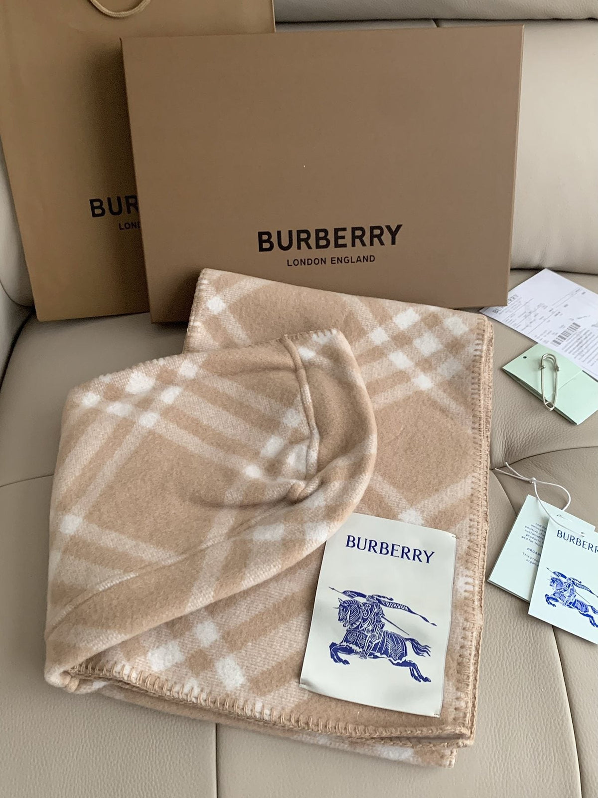 Burberry Beige Plaid Lambswool Fringed Scarf