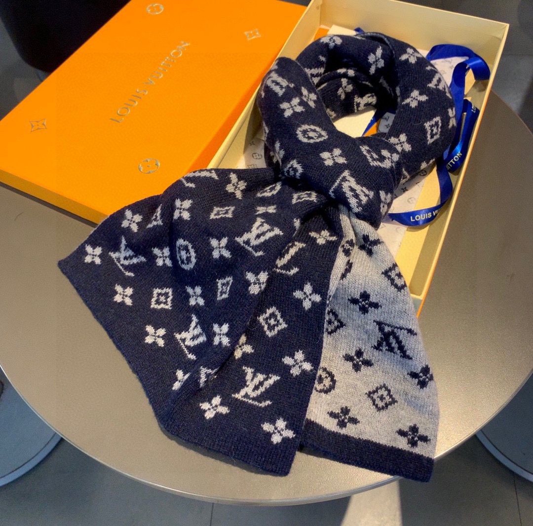 Louis Vuitton Navy and Gray Reversible Cashmere Scarf