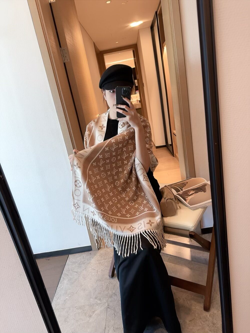 Louis Vuitton Monogram Wool Scarf with Logo Border