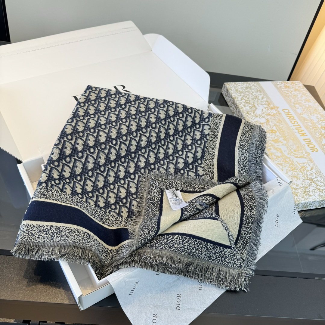 Dior Striped-Border Fringed Square Shawl