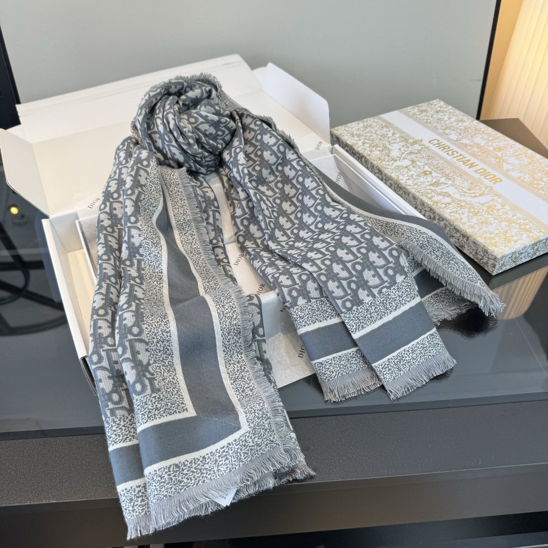 Dior Striped-Border Fringed Square Shawl