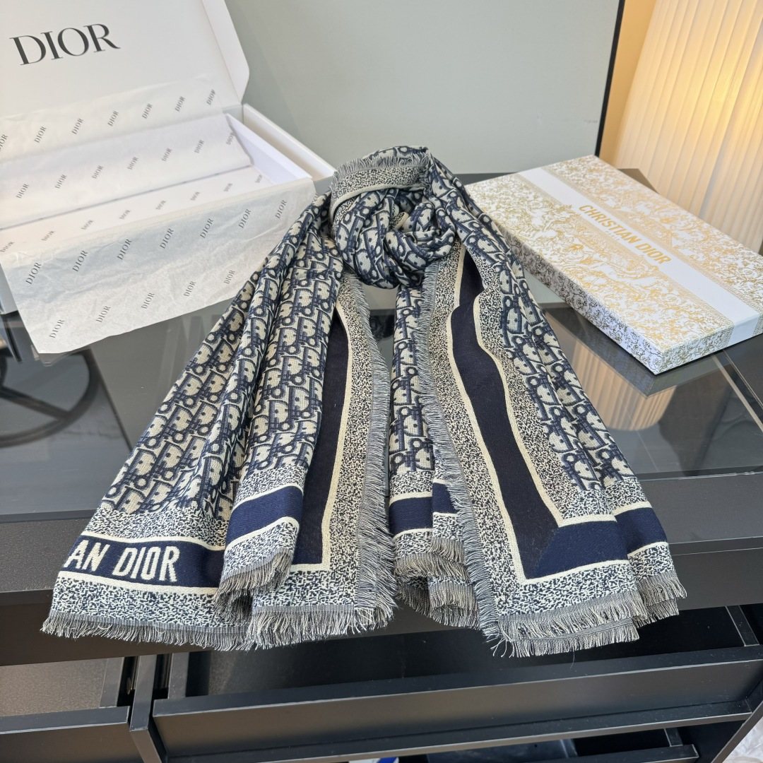 Dior Striped-Border Fringed Square Shawl