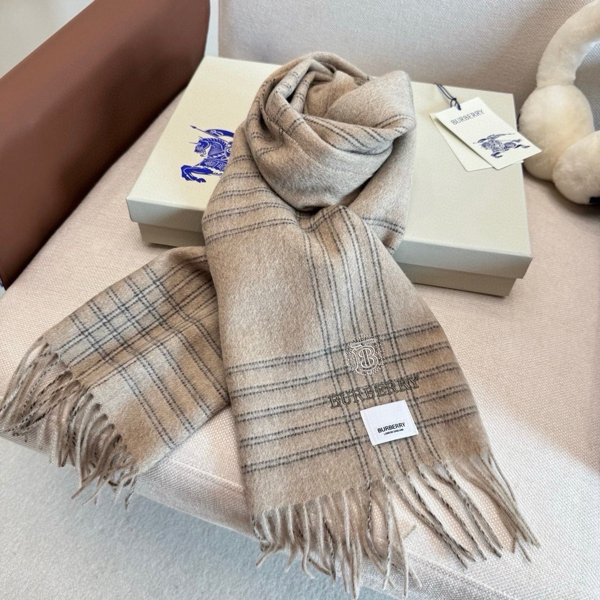 Burberry Light Blue Plaid Fringed Scarf