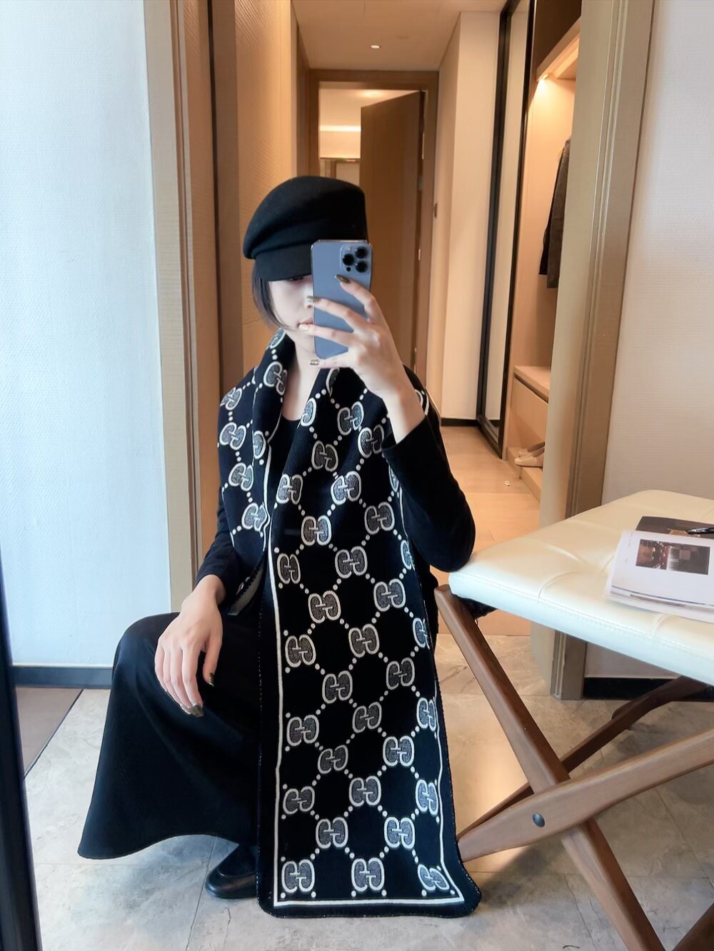 Gucci Woven Geometric Motif Fringe Scarf