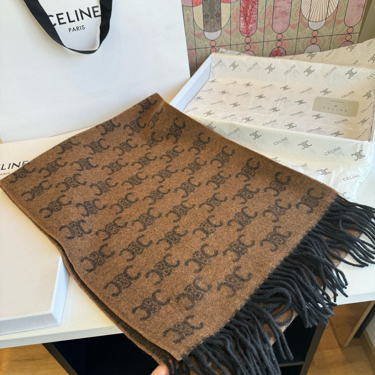 Celine Brown Patterned Fringed Scarf