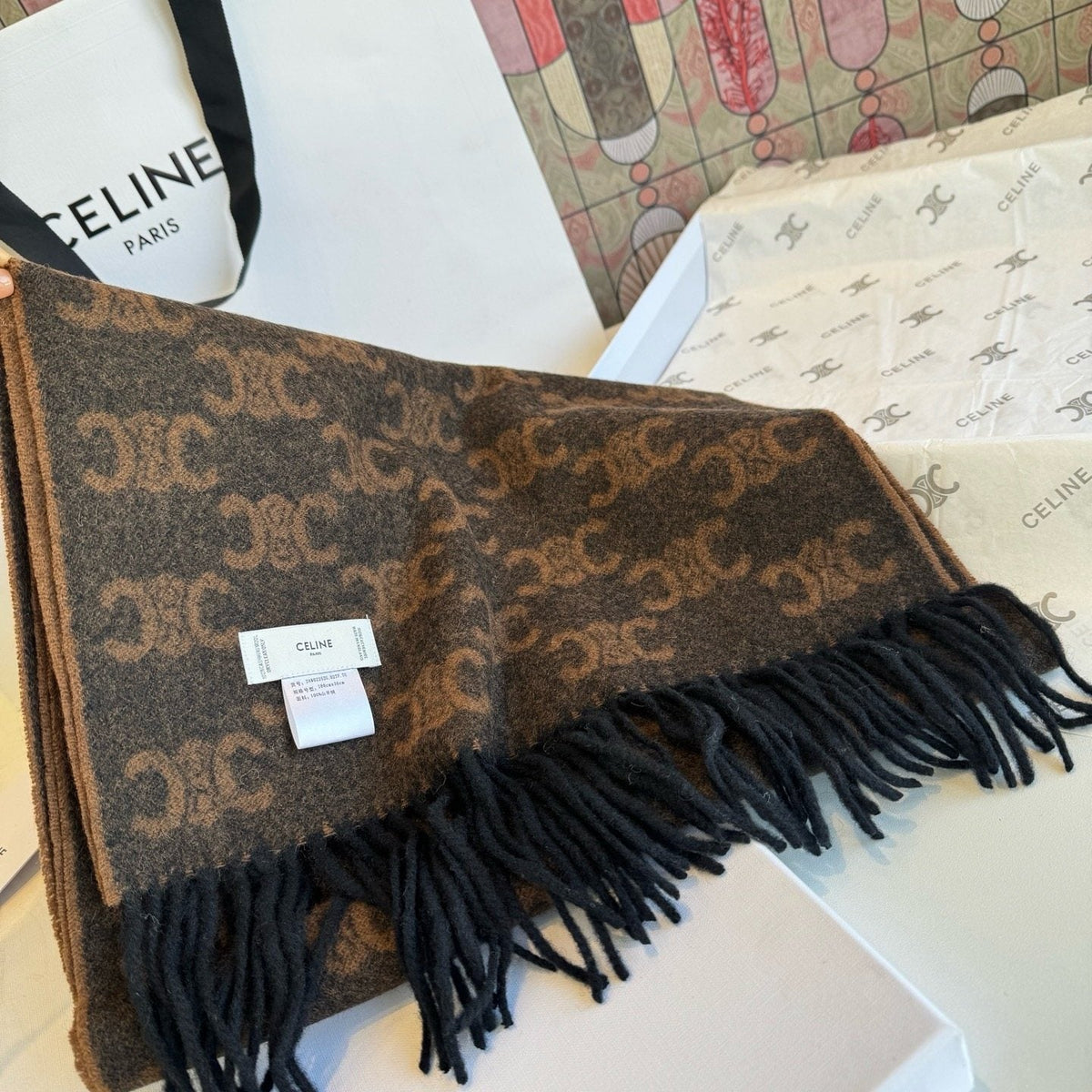 Celine Brown Patterned Fringed Scarf
