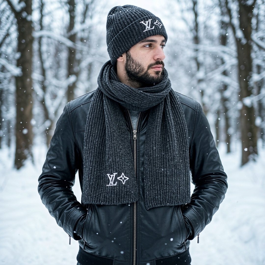 Louis Vuitton Embroidered Monogram Scarf and Beanie Set