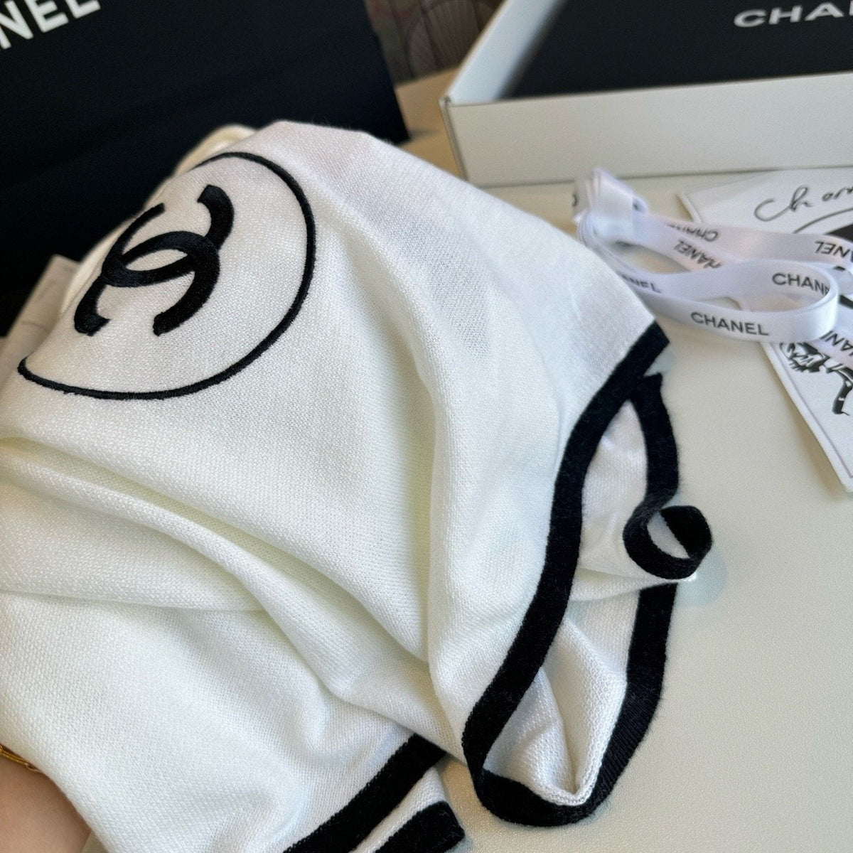 Chanel Contrast-Trim Logo Scarf