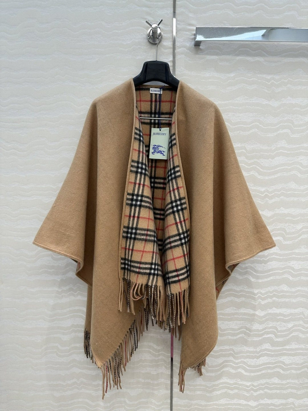 Reversible Plaid Fringed Wrap Cape