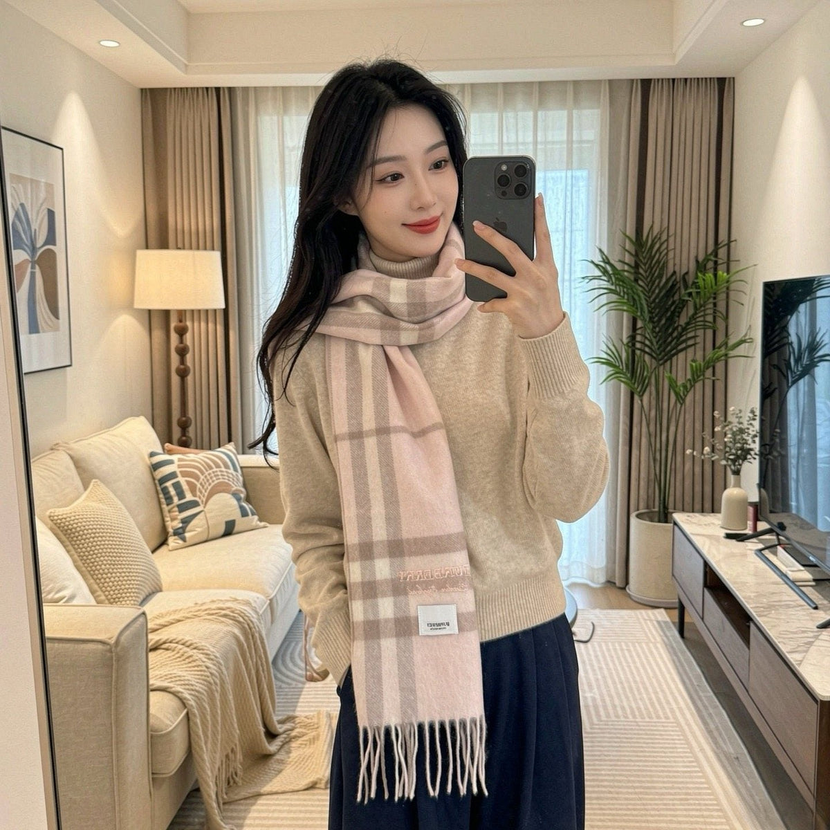 Burberry Blush Pink Plaid Fringed Scarf