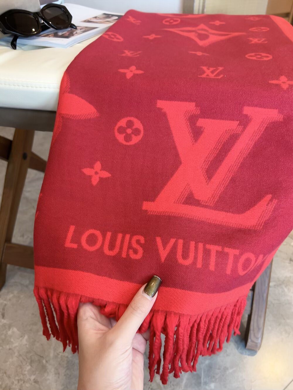 Louis Vuitton Contrast-Letter Monogram Fringed Scarf