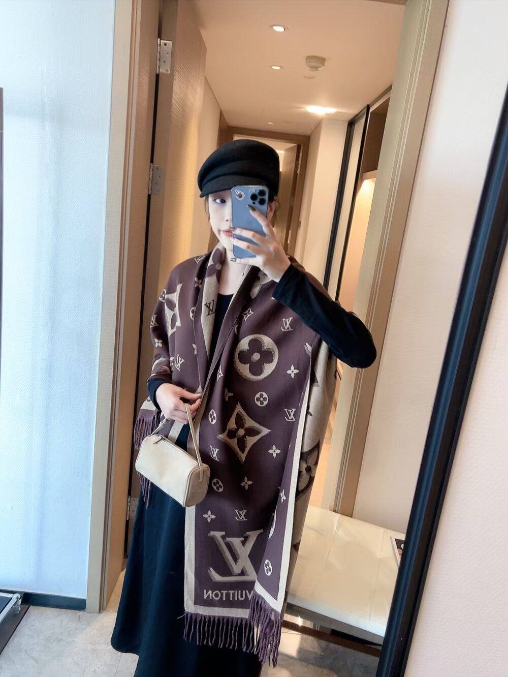 Louis Vuitton Contrast-Letter Monogram Fringed Scarf