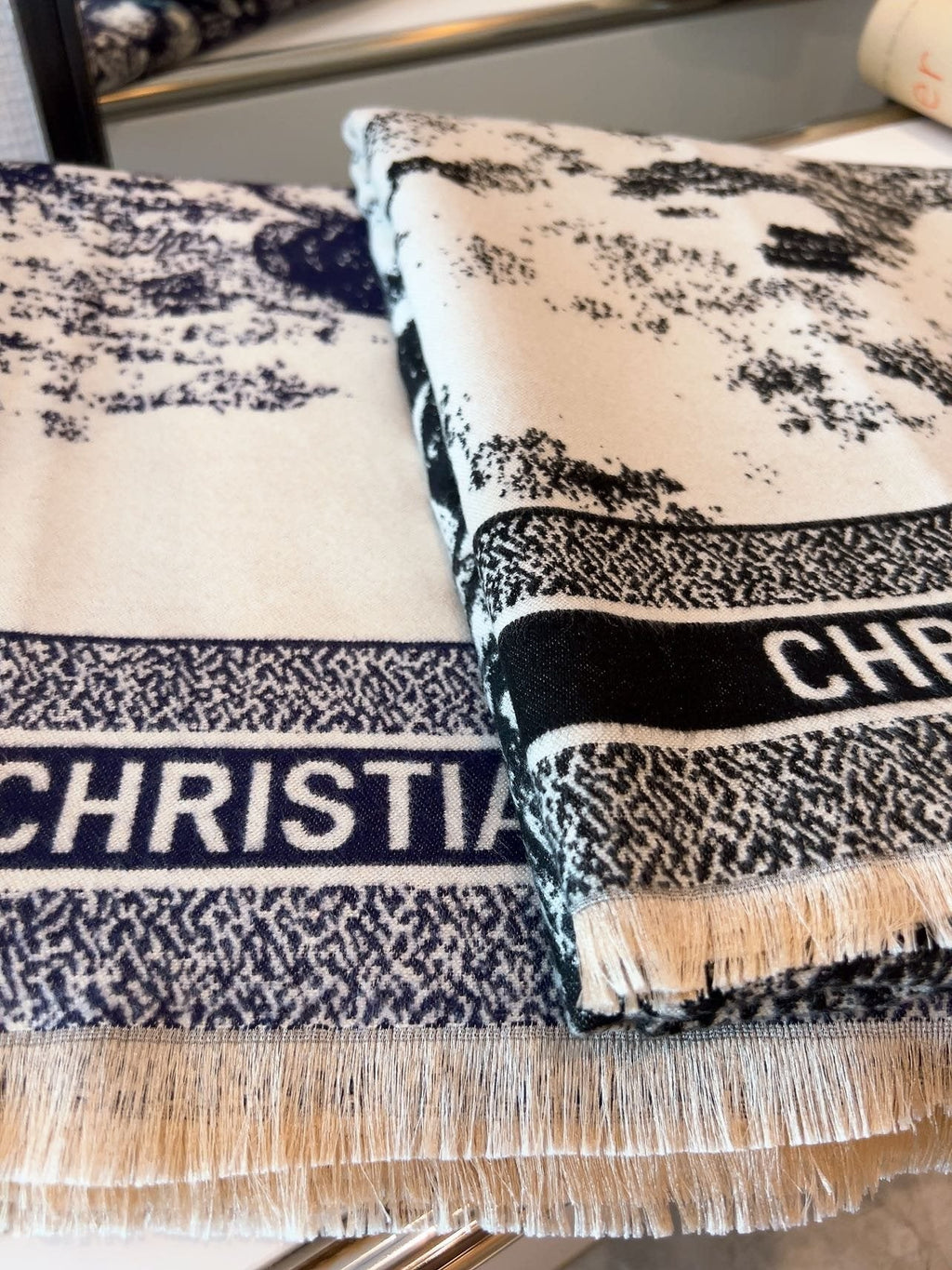 Dior Botanical Print Fringe Square Scarf