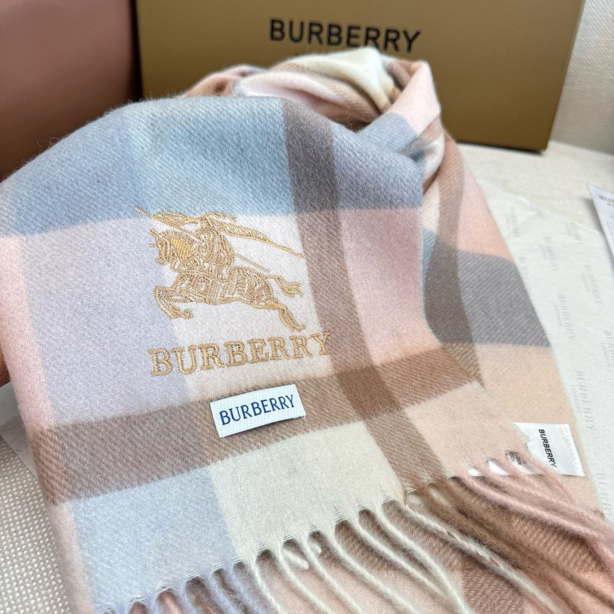 Burberry Cream Taupe Check Fringed Scarf